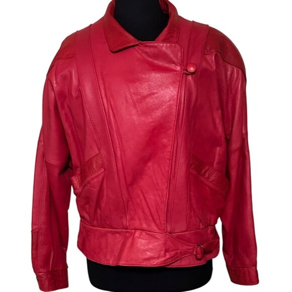 VINTAGE Berman's Red Leather Jacket w/Shoulder Pads Women's Size Large (READ) - Picture 1 of 16